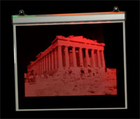 Fotogravura LASER in plexiglass  transparent  pentru prolight  cu LEDuri rosii