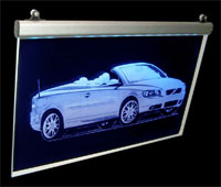 Fotogravura LASER in plexiglass  transparent  pentru prolight  cu LEDuri albastre